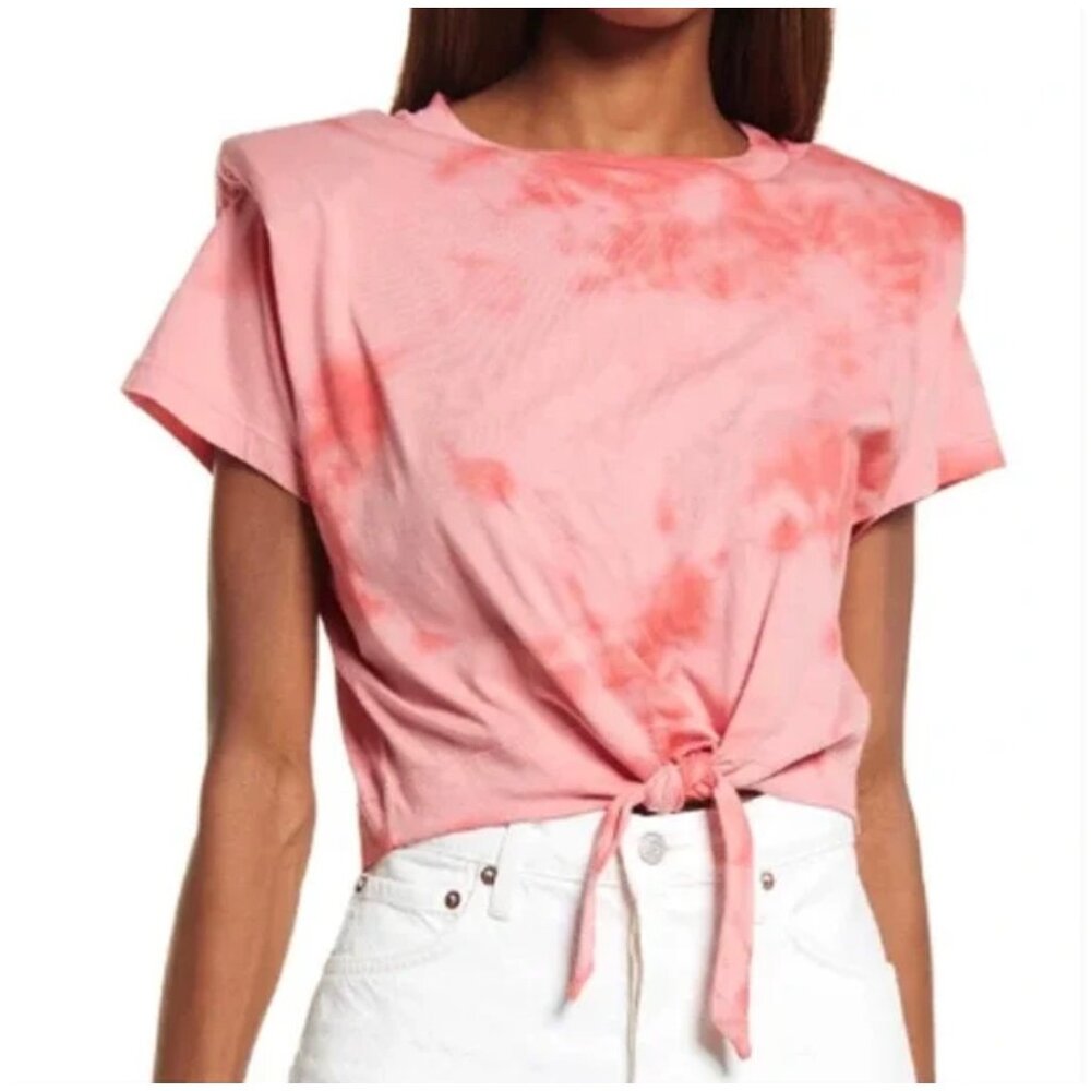 All Saints Coni Pink Tie Dye Shirt Coral crop tie front shoulder pads bright